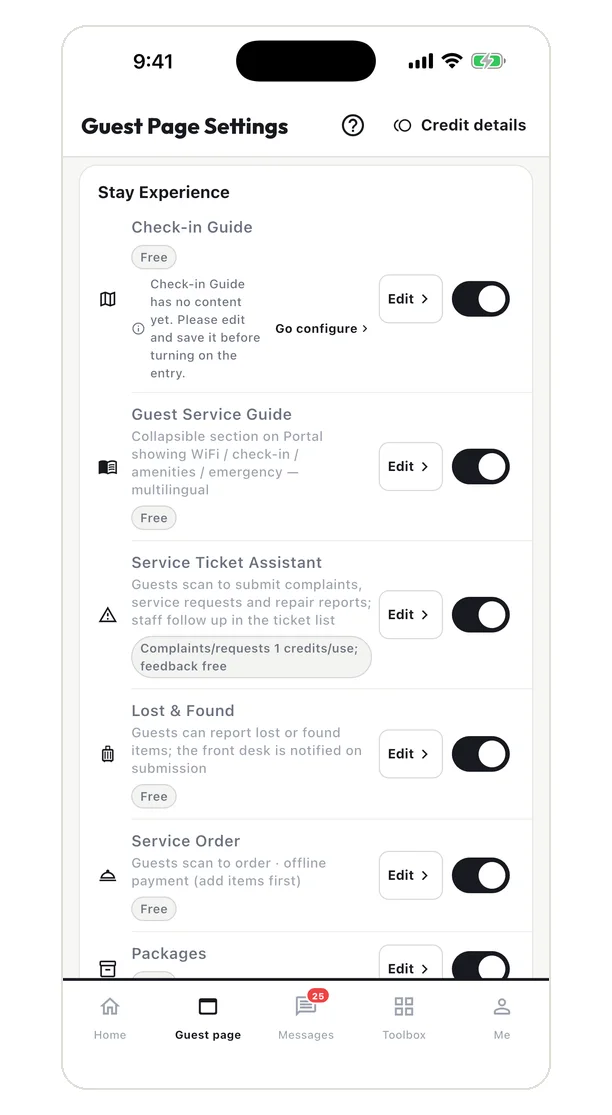 StayCore guest-module controls