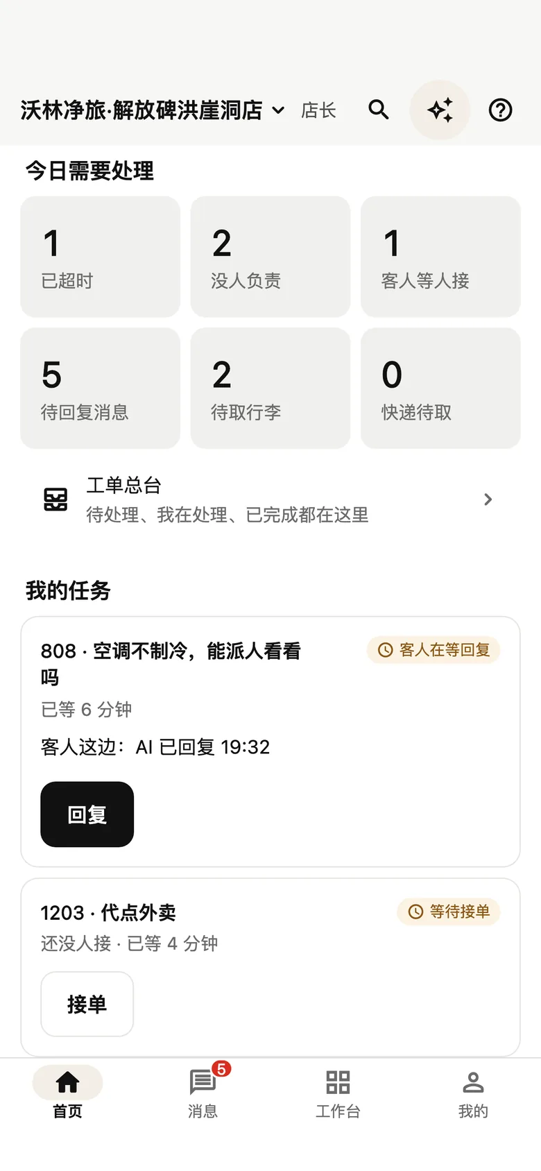 StayCore 演示酒店的员工经营首页